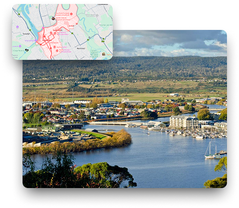 Skip Bin Hire Launceston service area map with city view of Launceston Tasmania