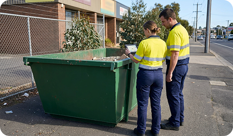 Operator collecting a full skip bin with renovation waste in Sandy Bay Tasmania