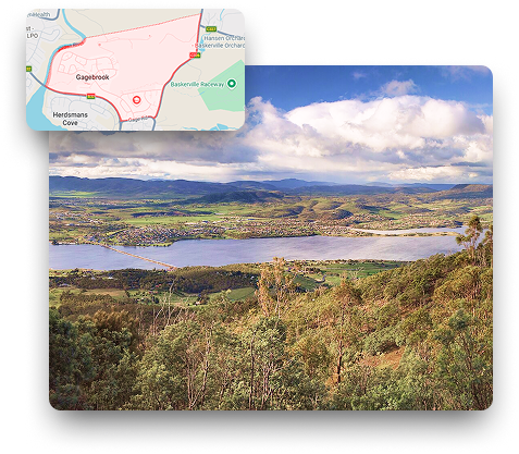 Gagebrook landmark and map showing skip bin hire coverage across the Gagebrook area in Hobart, Tasmania for local waste removal services.