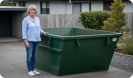 Homeowner standing next to a newly delivered skip bin in Dunalley for simple waste removal from storm damage and property clean-ups