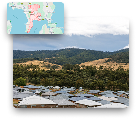 Map of Rokeby, Tasmania showing skip bin hire service coverage area with local landmark and surrounding residential areas
