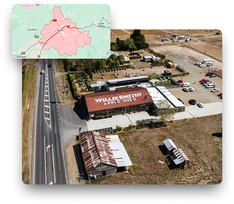 Skip Bin Hire Hobart service coverage map showing Grove and surrounding Huon Valley rural areas, including farm, orchard, and agricultural properties with skip bin delivery zones and rural waste removal service area